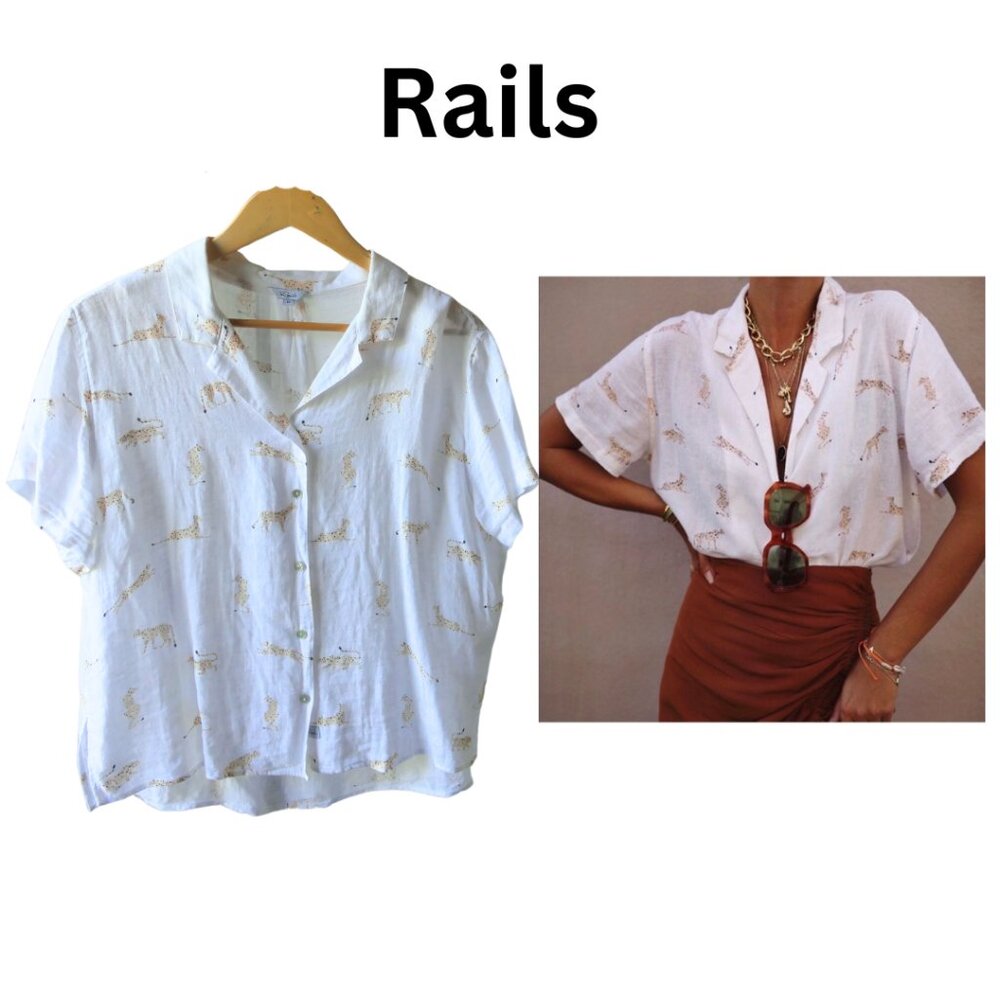 Rails M Linen Womens button down cream blouse with Leopard pattern